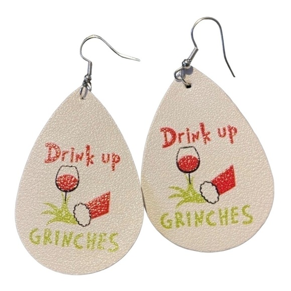 Grinch Drink Up Grinches Holiday Faux Leather Teardrop Earrings New in Package - Picture 5 of 9